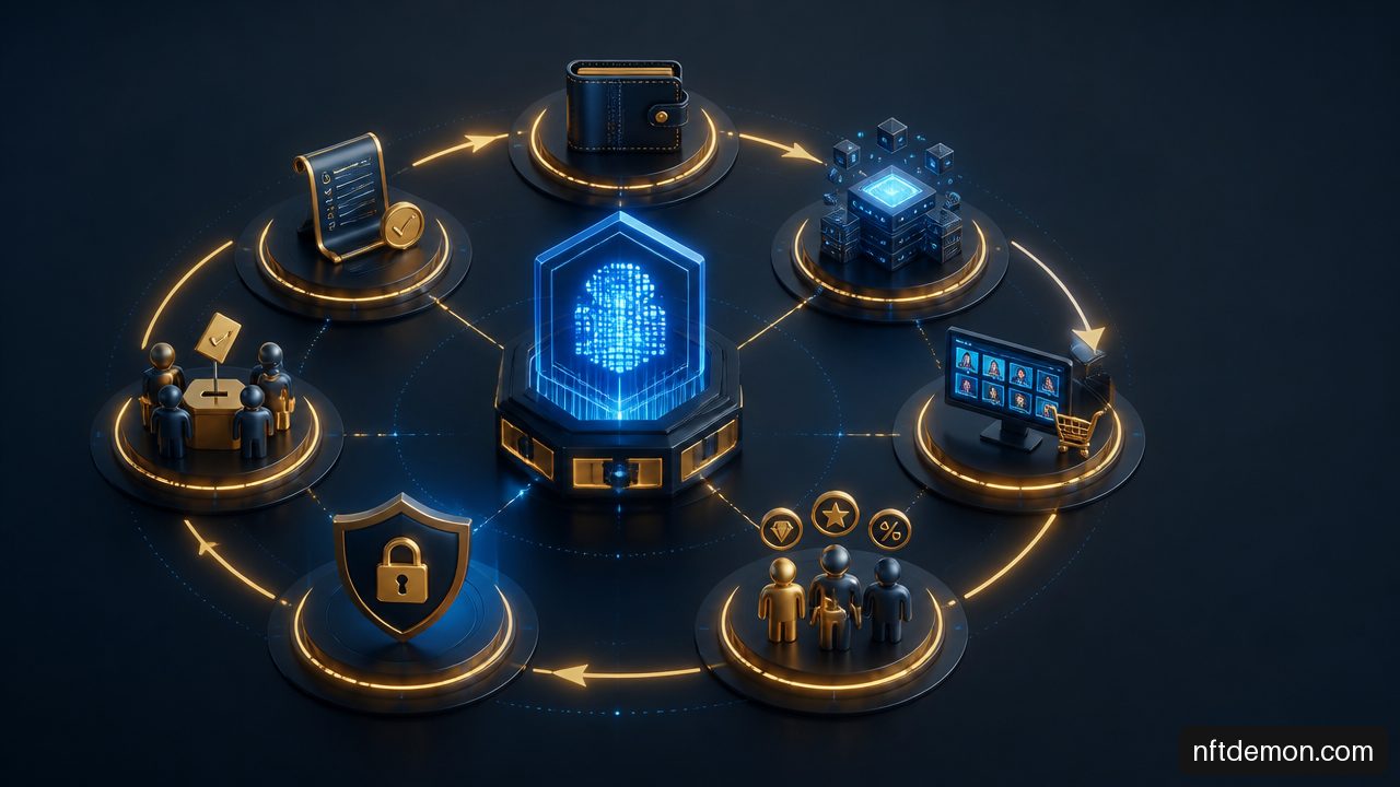 NFT lifecycle diagram showing wallets, metadata, marketplaces, utility, and security controls