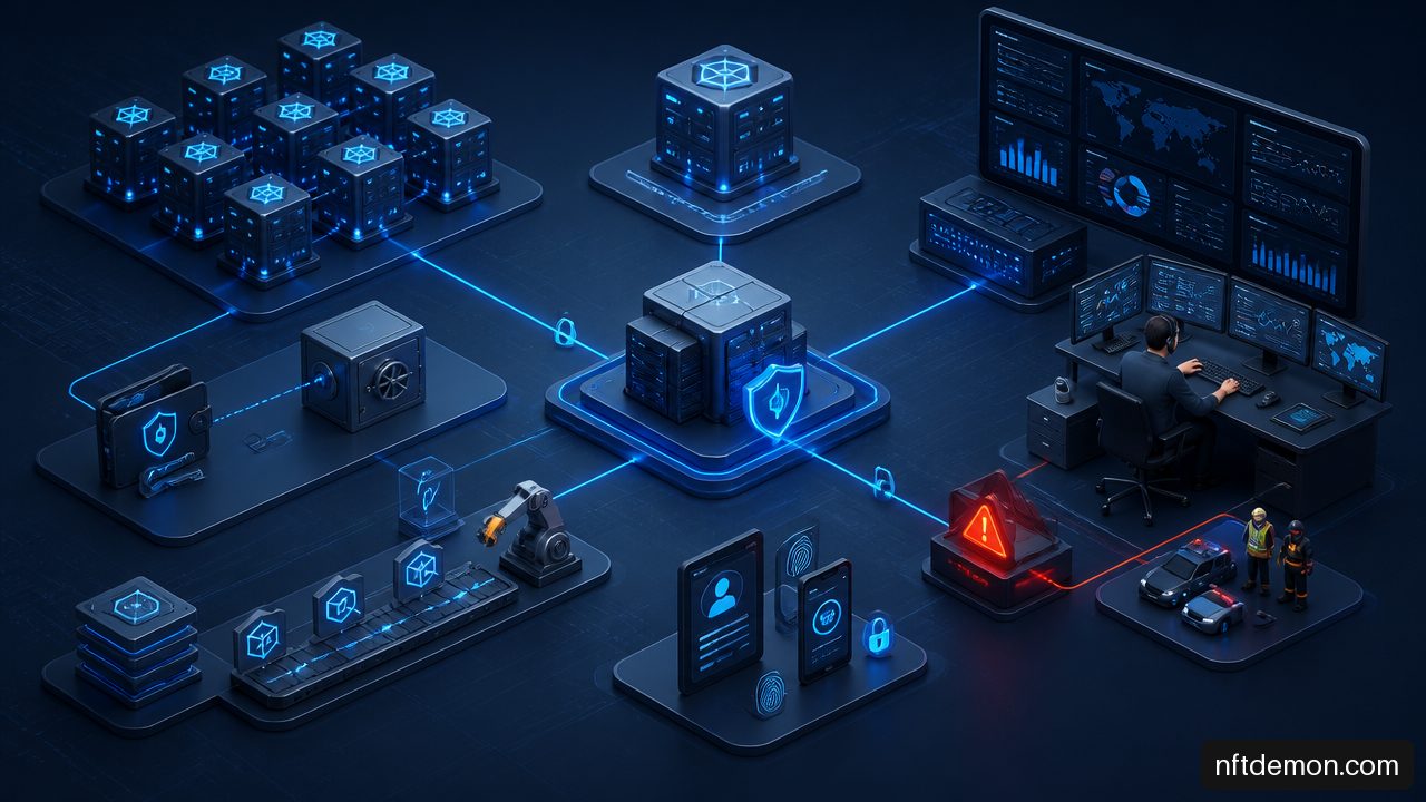 Diagram of blockchain nodes, HSM backed signing, identity controls, and centralized monitoring for production operations.