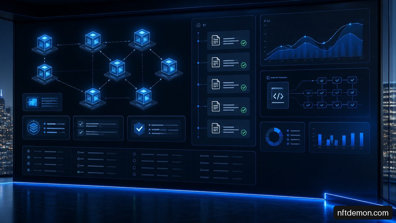 Blockchain proof of concept dashboard showing transaction evidence, network nodes, audit logs, and performance metrics