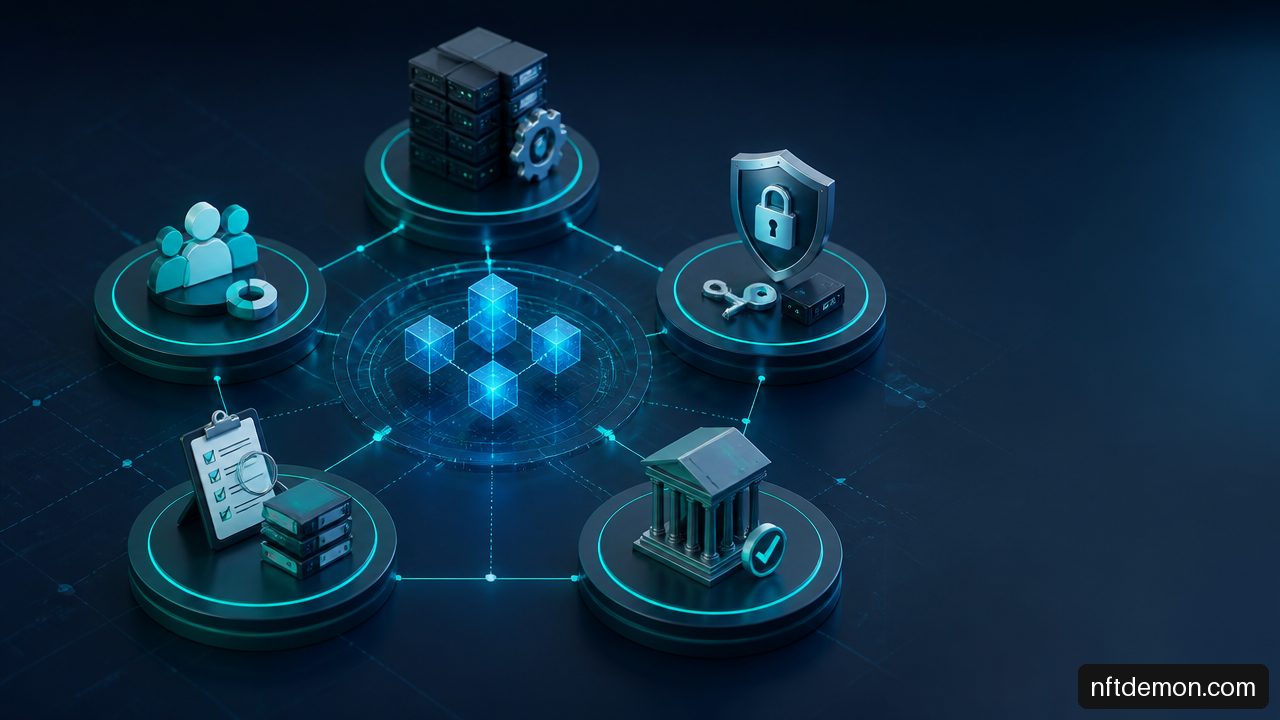 Visual model showing shared ownership of blockchain operations, security, compliance, governance, and business outcomes.